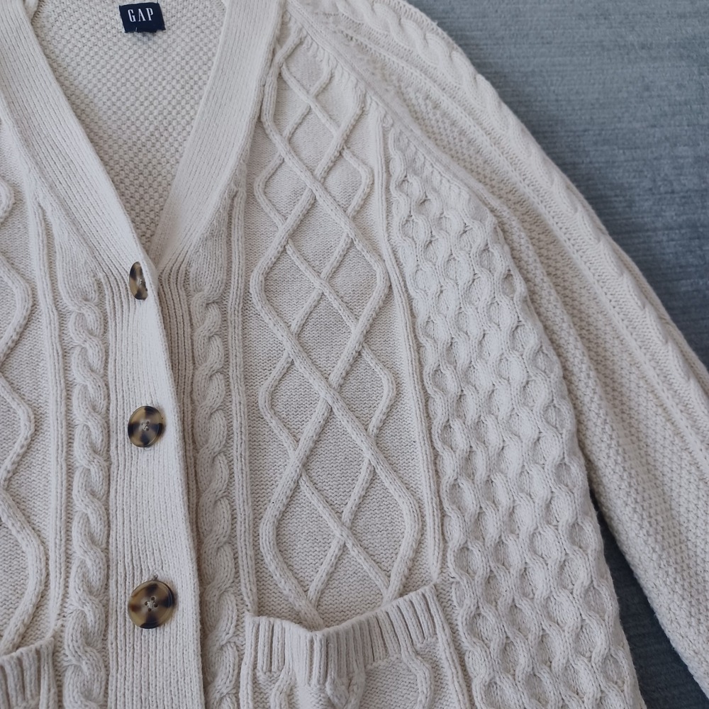 Gap Boyfriend Cardigan Sweater Women XS Cream Cable Knit Classic Academia Ivy - Picture 2 of 7
